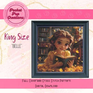 Belle-King Size is een volledig dekkende kruissteek, compatibel met pdf en patroonhouder, Belle en het beest, Een boek lezen, Betoverde roos