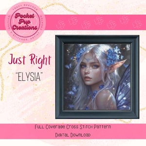 Elysia-Just Right Size Blue Flower fairy full coverage cross stitch pattern, PDF and pattern keeper compatible, Moonlit Fairy, Fairy XStitch