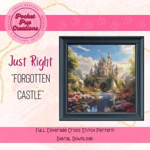 Forgotten Castle-Just Right volledige dekking kruissteek, instant pdf-download, patroonhouder, kruissteek-pdf, kasteel, prinses, fantasie