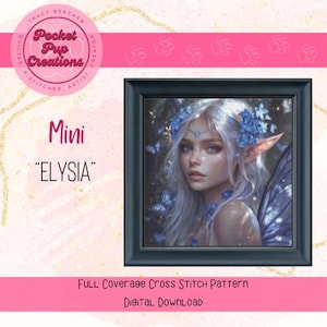 Elysia-Mini Size Blue Flower fairy full coverage cross stitch pattern, PDF and pattern keeper compatible, Moonlit Fairy, Fairy XStitch
