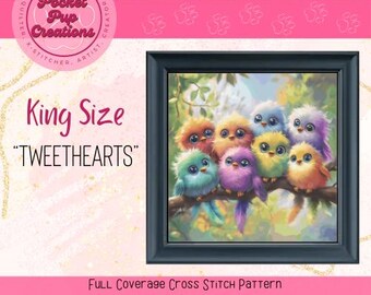 Tweethearts King Size– Baby Bird Cross Stitch Pattern PDF | Rainbow Bird Embroidery | Full Coverage Whimsical Animal Download