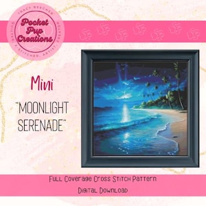Peut inclure: Un motif de point de croix téléchargeable numériquement représentant une scène de plage nocturne avec une pleine lune et des palmiers. Le motif est intitulé "Moonlight Serenade" et est étiqueté comme un motif "Mini".