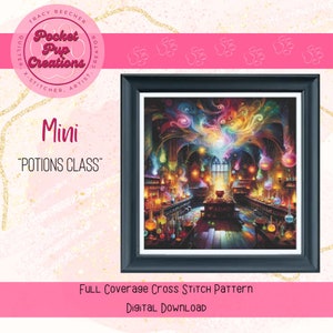 May include: A digital cross stitch pattern of a potions classroom with a cauldron in the center and colorful potions in glass bottles on shelves. The text "Mini" and "POTIONS CLASS" is at the top of the image.