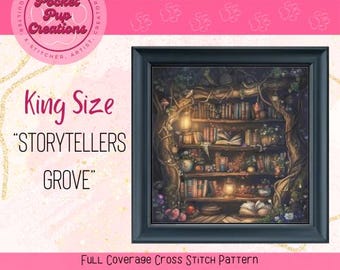 Storyteller Grove King Größe, Kreuzstich mit voller Abdeckung, sofortiges PDF, Musterbewahrer, Kreuzstich-PDF, Bibliothekskreuzstich