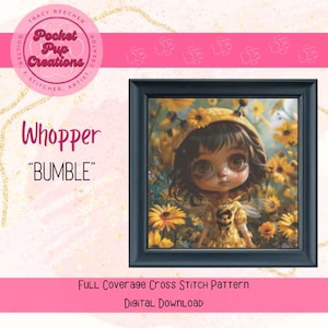 Könnte beinhalten: Ein digitales Kreuzstichmuster mit einer skurrilen Illustration eines Mädchens mit großen Augen, das ein gelbes Bienenkostüm trägt und von Sonnenblumen umgeben ist. Der Titel "Whopper "Bumble"" wird über dem Bild angezeigt.