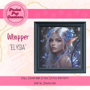 Elysia-Whopper Size Blue Flower fairy full coverage cross stitch pattern, PDF and pattern keeper compatible, Moonlit Fairy, Fairy XStitch