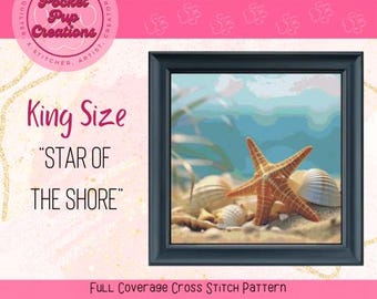 Star of the Shore-King Size full coverage cross stitch, instant PDF download, pattern keeper, cross stitch pdf, Starfish, ocean, seashells