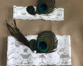 Peacock/White Stretch Lace garter, Peacock Wedding, No Slip Garter