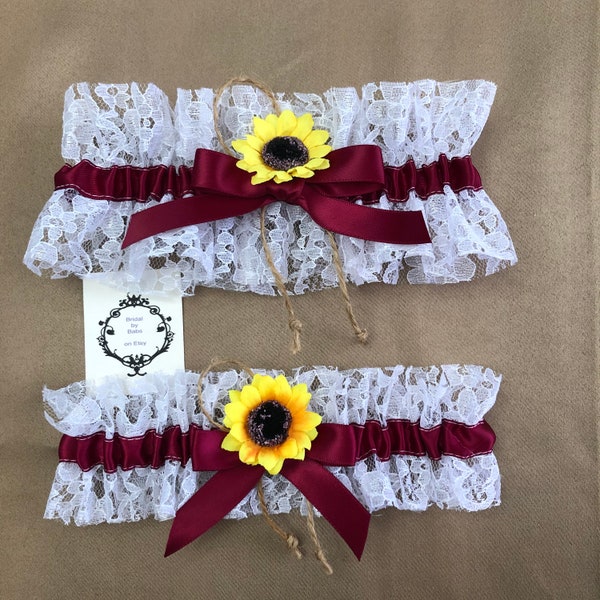 Sunflower, Burgundy, Jute and Lace Garters, Boho Garters, Country Wedding, Barn Wedding, Outdoor Wedding, Western Garter