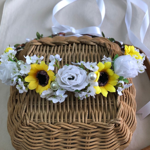 Sunflower Hair Wreath, Sunflower Wedding, Maternity Sunflower Crown, Sunflower Halo, Bridal Crown, Rustic Wedding, Boho Bride