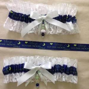 I Love You to the Moon & Back Garters, Wedding Garter, Bridal Garter, Something Blue
