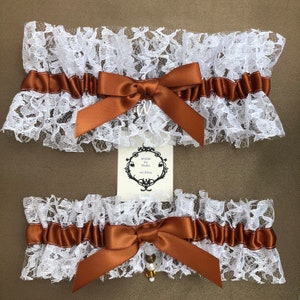 Terracotta/Toffee/Burnt Orange/Copper Wedding Garters, Terracotta/White Wedding Garters, Initial Charm, Monogram, Personalized