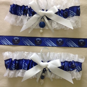 Air Force Garters, USAF Garters, Wedding Garter, Bridal Garter, Accented with White Satin Ribbon Bow, Something Blue