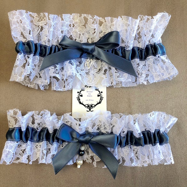 French Blue/Slate/Steel Blue Garters, Something Blue Garter, Custom Garter, Blue Wedding Garters, Initial Charm, Monogram, Personalized