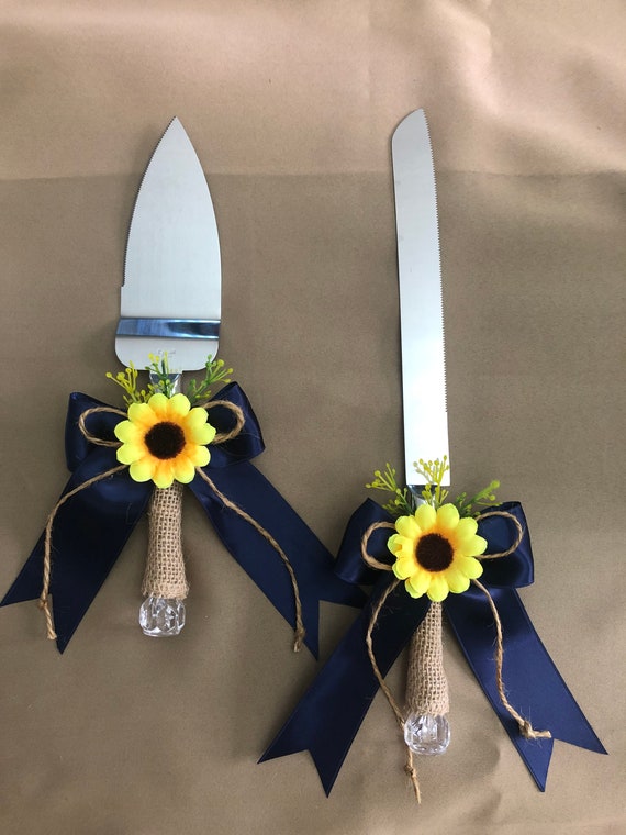 Navy Blue, Sunflower, Burlap Cake Serving Set, Sunflower Wedding Cake Knife  and Server, Navy Rustic Wedding Knife Set