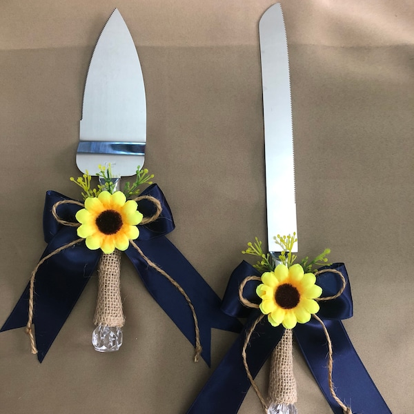 Navy Blue, Sunflower, Burlap Cake Serving Set, Sunflower Wedding Cake Knife and Server, Navy Rustic Wedding Knife Set
