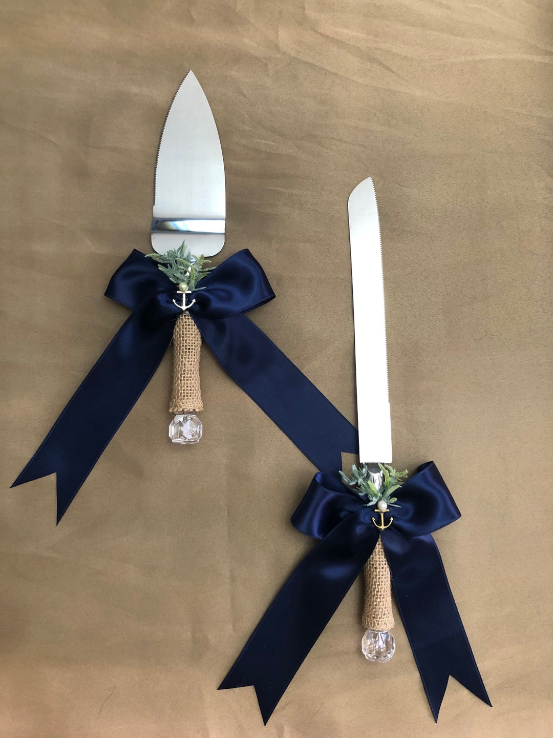 Nautical Navy Blue Burlap Knife Set Navy/burlap Cake Serving Etsy