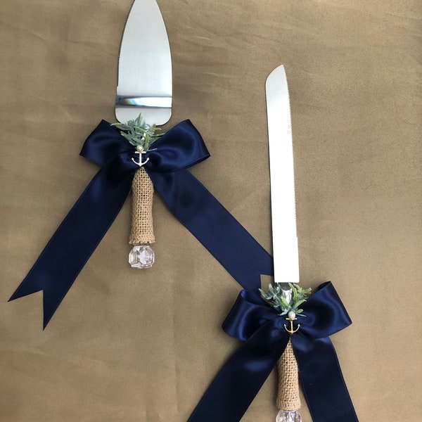 Nautical Navy Blue Burlap Knife Set, Navy/Burlap Cake Serving Set, Blue Anchor Wedding Cake Set, Wedding Knife Set, Nautical Knife Set,