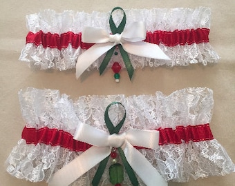 Christmas Themed Garters, Wedding Garter, Bridal Garter, Accented with White Satin Ribbon Bow and Beads