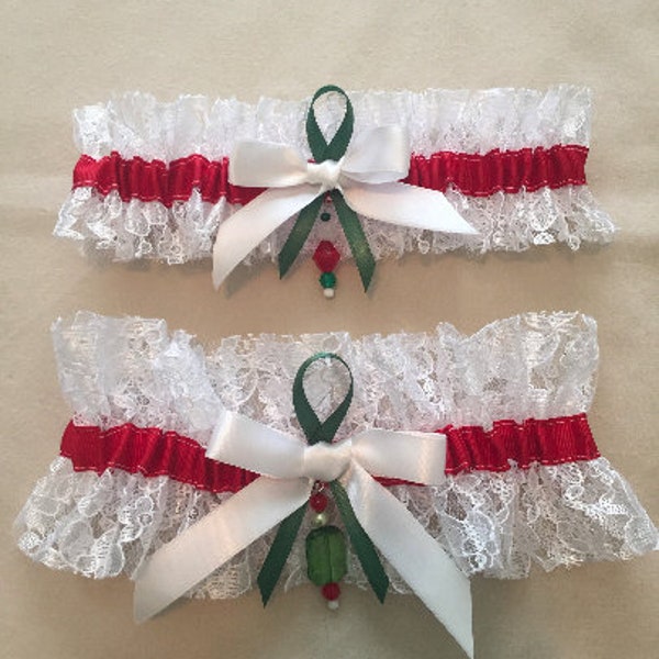 Christmas Themed Garters, Wedding Garter, Bridal Garter, Accented with White Satin Ribbon Bow and Beads