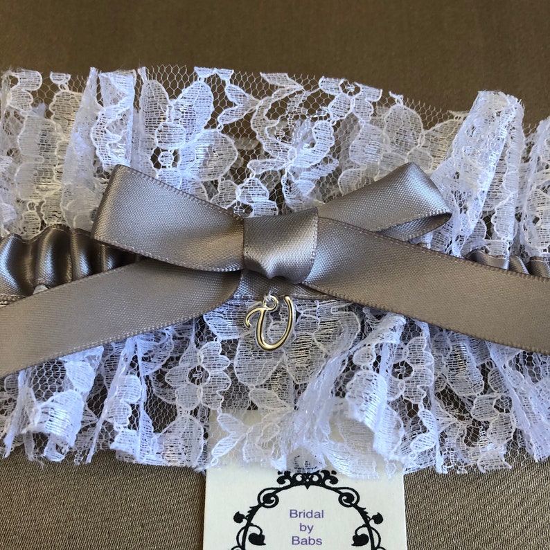 Initial Charm Personalized SilverGray Garters Silver White Wedding Garters Custom Garter Monogram