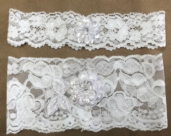 Bridal White Stretch Lace garter, White sequin appliqués, White Wedding, White Sequin Bridal Garter, No Slip Garter