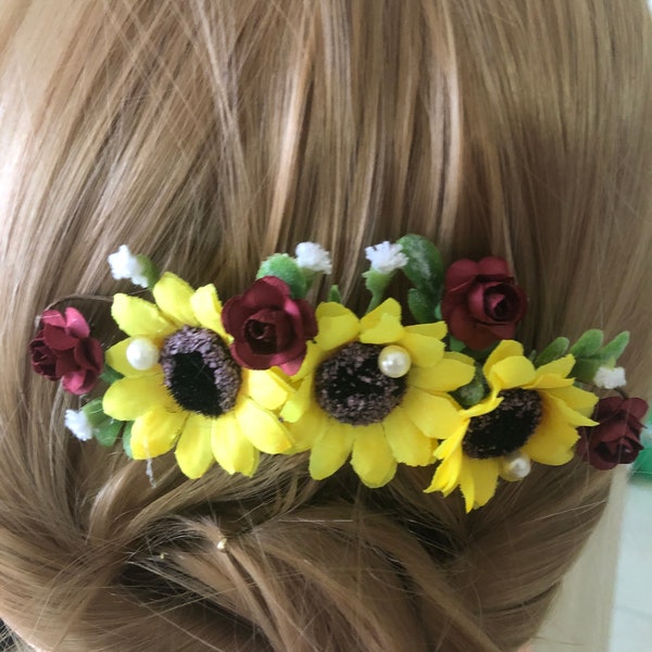 Sunflower Burgundy Floral Hair Comb, Greenery Hair Comb, Bridal Hairpiece, Wedding Floral Bridesmaid Comb, Flower Girl Headpiece, Hairclip