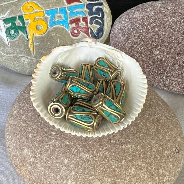 Tibetan Brass And Turquoise Chip Beads Set Of 10 Beads