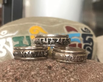 Tibetan Ring 925 Sterling Silver Mantra Letters Rotating Band (Size  7, 7 1/2,  8 1/4, & 9)