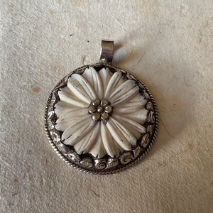 Bone Carved Lotus Design/ Flower Pendant With Handcrafted Tibetan Silver