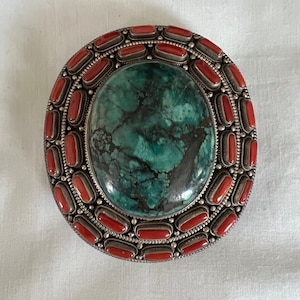 Vintage Tibetan 925 Sterling Silver Belt Buckle With Antique Coral And Turquoise