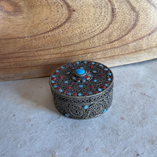 Vintage Tibetan Jewelry Box/ Nepal Handcrafted Jewelry Box With Stones