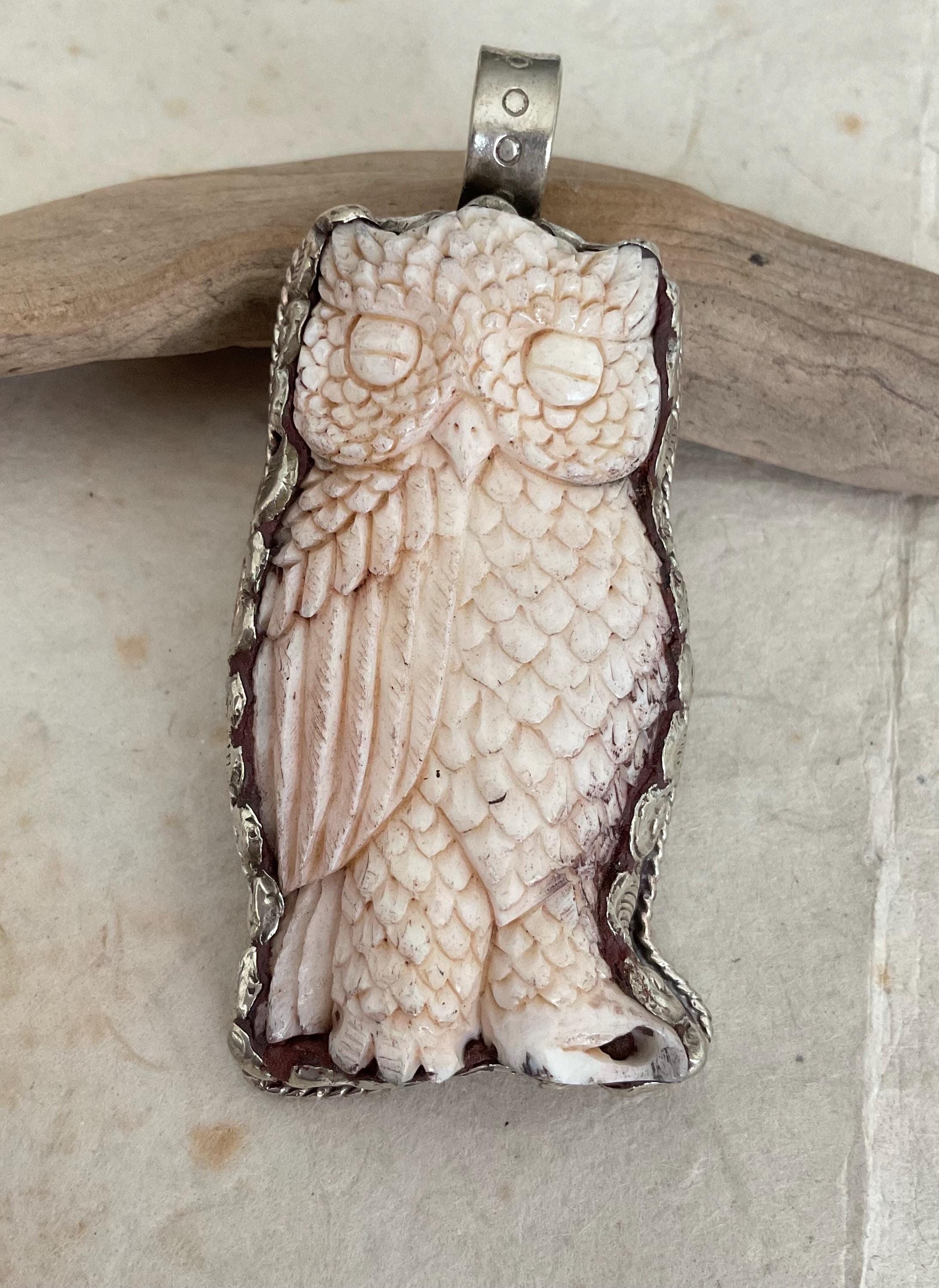 Carved Bone Owl Pendants With Handcrafted Tibetan Repouse Silver Flower/ Floral Design/ Nepal / Hima