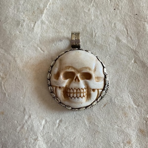 Bone Skull Pendant With Handcrafted Tibetan Repouse Silver/ Himalayan/ Nepal
