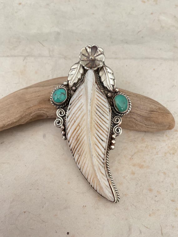 Carved Bone Feather Pendant with Handcrafted Tibetan Repouse Silver And Natural Turquoise Stones/Native American Style Feather Pendant/Gift