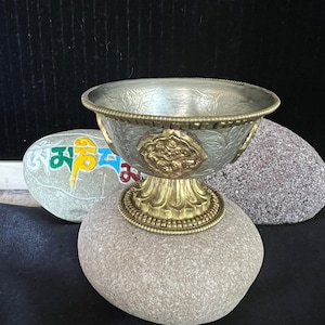 Vintage Tibetan Buddhist Butter Lamp With Gold And Silver Plated/ Hand Carved With Auspicious Signs