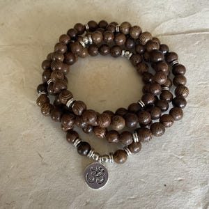 Tibetan Buddhist Wood 6mm 108 Beads Mala With Buddha And Om Charms/  Prayer Beads/ Rosary