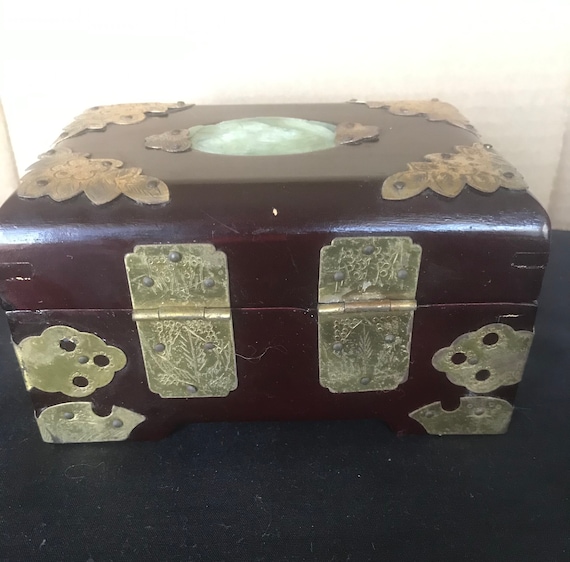 Vintage Rosewood Oriental Jewelry Box With Jade c… - image 2