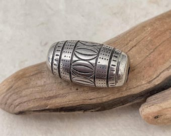 Vintage Tibetan Silver Bead: Cylindrical Oval Design, Handmade in Nepal
