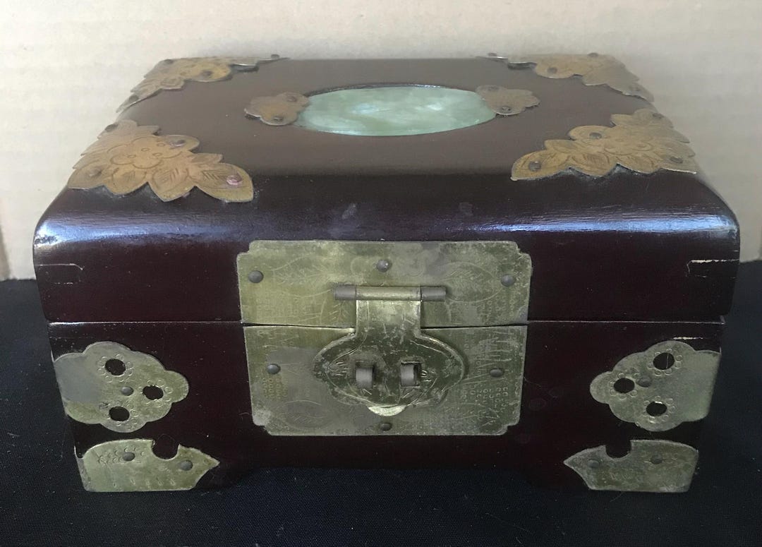 Vintage Rosewood Oriental Jewelry Box With Jade Carved and Brass on It ...