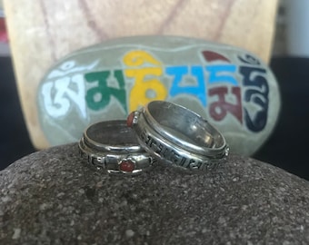 Tibetan Ring 925 Sterling Silver Mantra Letters Rotating Band w/ Coral Accent Stones (Size 6 1/2 & 9)