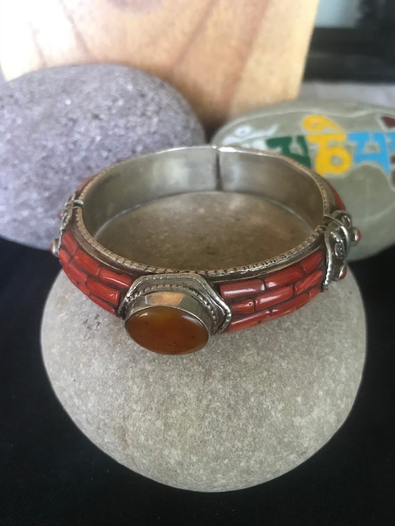 Antique Tibetan Coral And Amber Bracelet With Ster