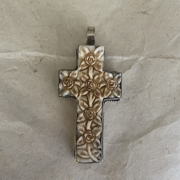 Carved Bone Floral Design Cross Pendant With Tibetan Silver