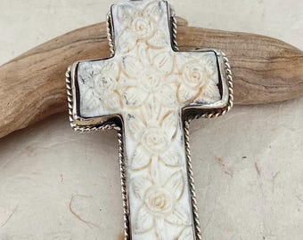 Carved Bone Floral Design Cross Pendant With Tibetan Repouse Silver/ Religious/ Himalayan/ Gift