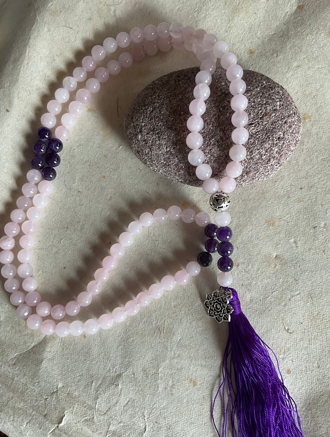 Handmade Rose Quartz Yoga Kundalini Meditation Prayer Mala Crystal Bead Necklace