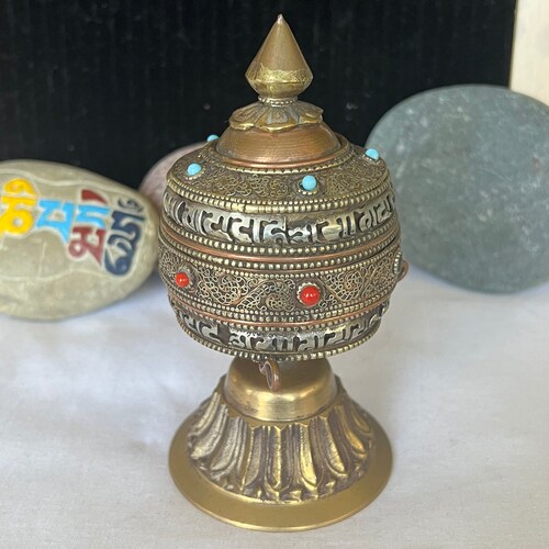 Vintage Hand Carved Brass And Copper Tibetan saving Table Prayer Wheel