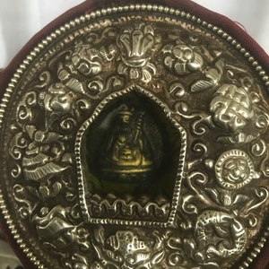 Tibetan Vintage Buddhist Ghau With Guru Padmasambhava Statue In The Middle/ Tibetan Prayer Box/ Sacred Buddhist Travel Shrine Or Altar