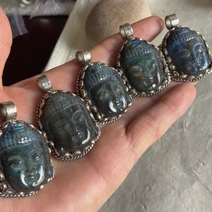Carved Labradorite Buddha Pendants With Handcrafted Tibetan Silver/ Nepal