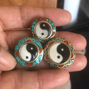 Tibetan Ying Yang Metal Rings With Turquoise And Coral Chips Inlaid