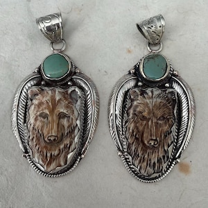 Carved Bone Bear Pendants With Handcrafted Tibetan Silver/ Animal Pendants/ Nepal